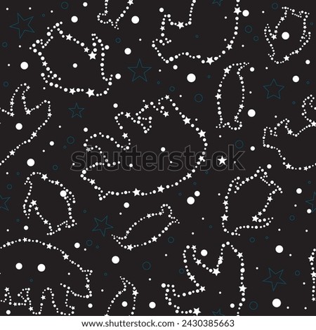 Seamless celestial winter animal pattern. Repeating vector print with white stars, polar bears and penguins in a black starry night sky background. Apparel textile print.