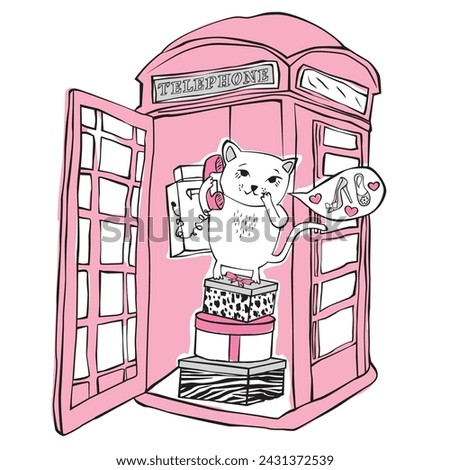 Vector fashion print. Artwork features a cute hand drawn cat, a telephone booth and shopping boxes on a white background. Apparel graphic artwork.