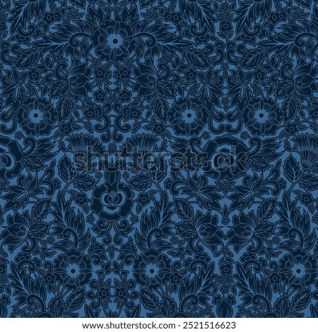 Seamless ornate floral pattern. Repeating decorative navy blue flower vector print on a blue background. Apparel textile pattern. Hand drawn illustration.
