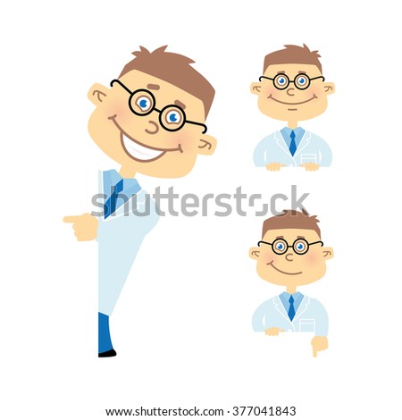 et of cartoon vector scientist character in various poses. Illustration of man in glasses, white coat, dark blue tie and blue shirt. Young happy doctor shows blank banner and points his finger