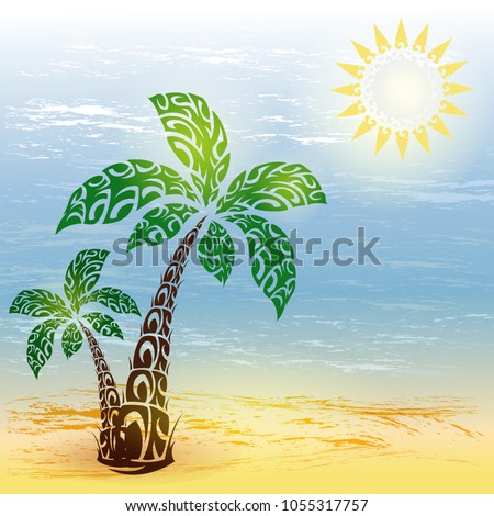 Summer Hawaiian landscape with beach, palm trees, sea. Stylization under the national national Polynesian pattern. Vector illustration.