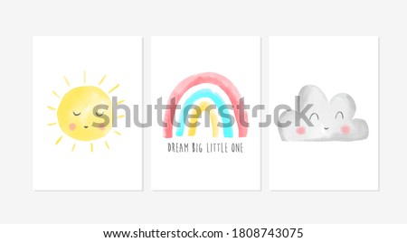 Cute posters with cloud, rainbow and sun vector prints for baby room, baby shower, greeting card, kids and baby t-shirts and wear. Hand drawn nursery
