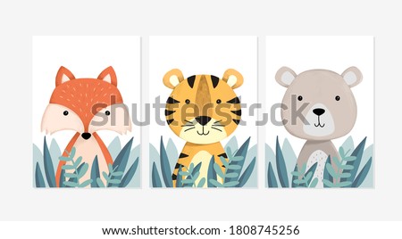 Cute posters with little fox, tiger, and bear vector prints for baby room, baby shower, greeting card, kids and baby t-shirts and wear. Hand drawn nursery