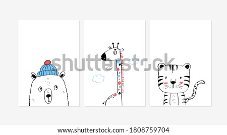 Cute posters with the little bear, giraffe, and tiger vector prints for baby room, baby shower, greeting card, kids and baby t-shirts, and wear. Hand drawn nursery