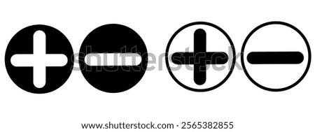 Plus, minus, add and subtract icon set in simple and stroke style in circle with black and white color. Plus and minus or add and subtract flat icons for apps and websites. Plus and minus sign. 