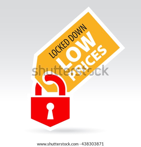 Tag with lock and text - locked down low prices. Sticker and label vector illustration.