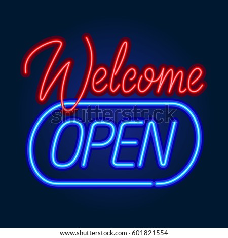 Neon sign board Welcome Open. Vector illustration.