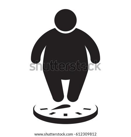 Fat man on the scales. Overweight icon. Vector illustration.