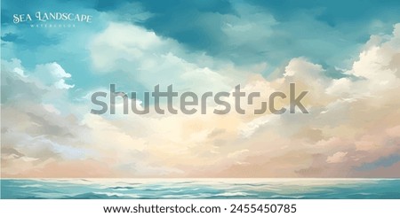 Sea landscape art vector background with blue sky and white clouds. Watercolor illustration for interior, flyers, poster, cover, banner.