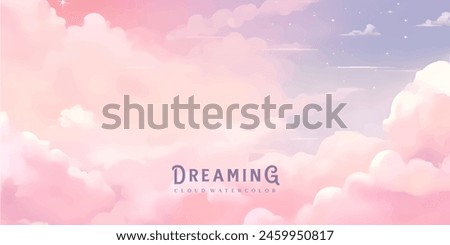 Sugar cotton pink clouds vector design background. Glamour fairytale backdrop. Plane sky view with stars and sunset. Watercolor style texture. Delicate card. Elegant decoration. Fantasy pastel color