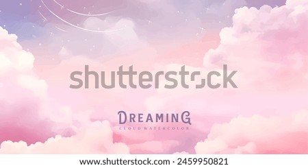 Sugar cotton pink clouds vector design background. Glamour fairytale backdrop. Plane sky view with stars and sunset. Watercolor style texture. Delicate card. Elegant decoration. Fantasy pastel color