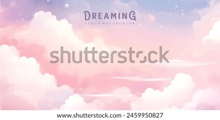 Sugar cotton pink clouds vector design background. Glamour fairytale backdrop. Plane sky view with stars and sunset. Watercolor style texture. Delicate card. Elegant decoration. Fantasy pastel color