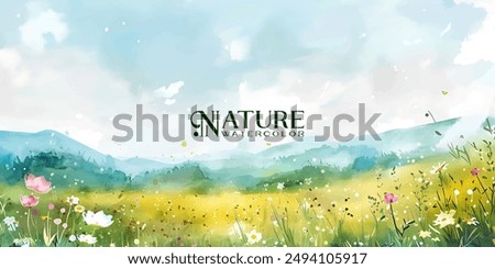 bright and cheerful watercolor scene of a blooming meadow in spring, with wildflowers and distant rolling hills