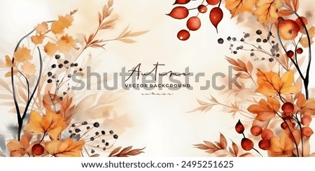 watercolor Autumn, Fall, Harvest Day background with beautiful watercolor leaves and berries. Horizontal border of leaf fall. Vector illustration