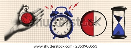 Vintage set of halftone clocks. Hourglass, pocket and wall clocks, alarm clock. Time management and deadline concept. Retro pop art illustration. Vector.