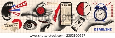 Vintage collage. Halftone hands, mouth, eyes, clock. Concept of deadlines and time management. Retro newspaper. Modern vector illustration.