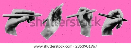  A set of hands that hold a pen. Trendy halftone style for collages. Modern vector illustration.