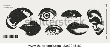 Trendy elements with a retro photocopy effect. y2k elements for design. Eyes, lips, mouth, ear. Grain effect and stippling. Vector dots texture.