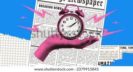 A hand holds an alarm clock. Background of newspaper clippings. Trendy retro style. Halftone collage and doodle of lightning. 