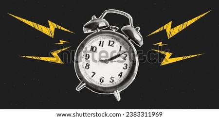 Halftone collage alarm clock. Punk doodle lightning. Grunge black background with noise texture. Deadline concept. Contemporary vector design.