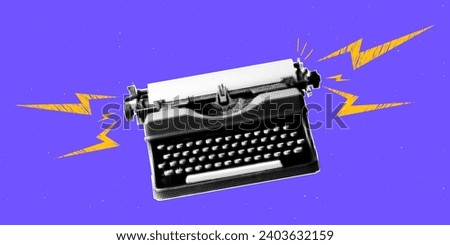 Trendy typewriter collage. Doodle grunge lightning bolts. Contemporary vector illustration.