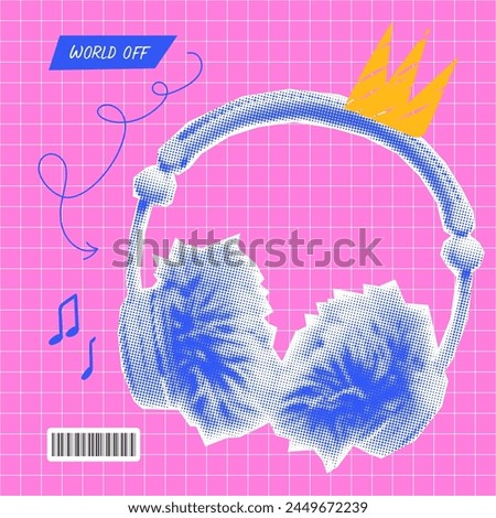 A modern poster in the style of rebellious teenagers. Halftone collage of headphones on checkered pink background. World off.
