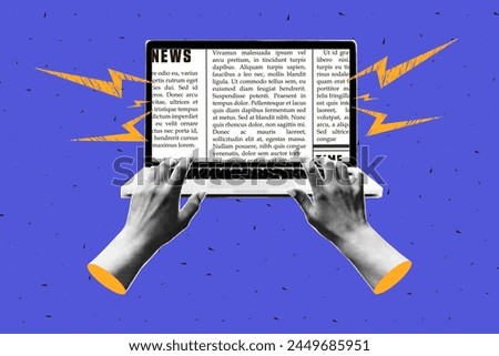 Trendy halftone collage with laptops and hands that print a newspaper on it. Modern vector design.