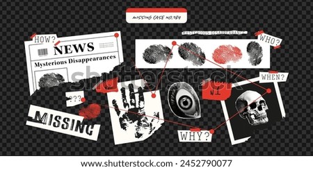 A detective board with crime investigation materials. Trendy grunge collage, torn paper, newspaper, halftone collage, fingerprints. Checkered png background.