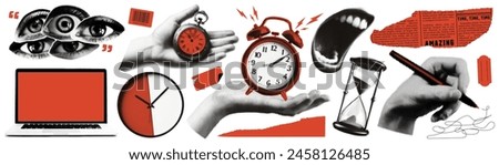 Elements of halftone collage. Concept of business, time management. Laptop, eyes, hand with pen, clock, newspaper, mouth and other. Modern vector illustration.