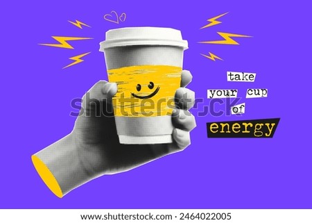 Halftone collage with hand that holds coffee. Banner for coffee shops. Take your cup of energy.	
