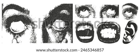 Retro grunge collage with a photocopy effect. Creepy face with white eyeballs, mouth in a grin, ear, eyes. Dot texture and stipple effect.