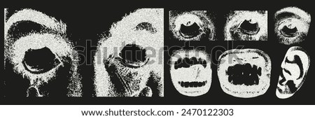 Retro grunge collage with a photocopy negative effect. Creepy face with white eyeballs, mouth in a grin, ear, eyes. Dot texture and stipple effect.