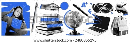 A set of cutout trending elements halftone collage on the theme of education and back to school. Stationery, books, laptop, girl student, globe. Contemporary vector graphics.