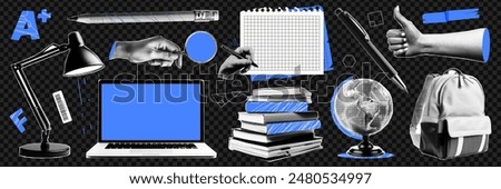 A set of cutout trending elements halftone collage on the theme of education and back to school. Stationery, books, laptop, lamp globe. Contemporary vector graphics.