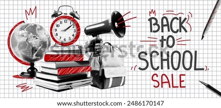 Back to school sale banner. Trending collage style. Learning Concept. Books, backpack, globe, clock, stationery.