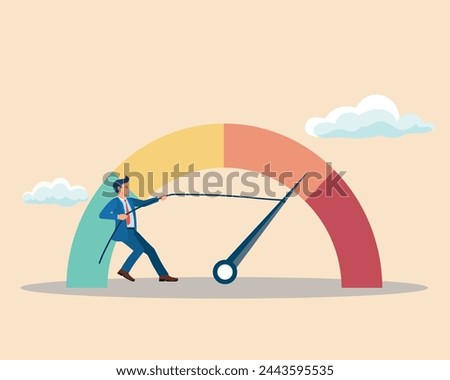 Reduce risk level or decrease stress anxiety meter, lower danger indicator or scale, reduce from red alert meter to be green chart concept, businesswoman pull meter to reduce risk or stress level