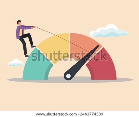 Reduce risk level or decrease stress anxiety meter, lower danger indicator or scale, reduce from red alert meter to be green chart concept pull meter to reduce risk or stress level