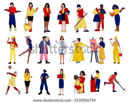 Set of different working women in white background, Professional woman illustration, Different types of occupation. 