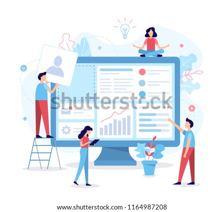 The team of web developers constructs a personal user account or admin panel for the website. Flat vector illustration.