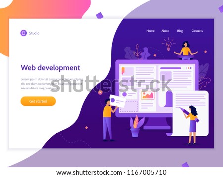 A team of web developers designs a news portal or information website. Teamwork project. Web banner design template. Website development. Flat vector illustration.