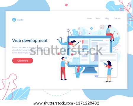 Modern web banner. A team of web developers designs a news portal or information website. Website development. Flat vector illustration.
