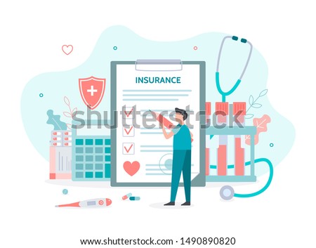 Man fills out health insurance. Health insurance concept with tiny people. Flat vector illustration.