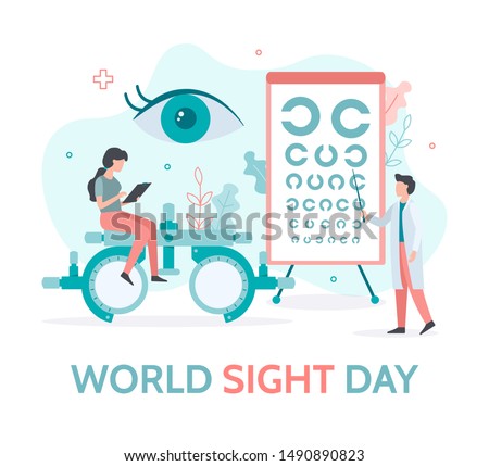 World sight day banner. A team of ophthalmologists checks the vision. Flat vector illustration.

