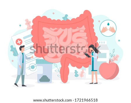 Diagnosis and treatment of the bowel: intestinal inflammation, enteritis, colitis, dysbacteriosis. Intestine health. Medical concept with tiny people. Flat vector illustration. 商業照片 © 