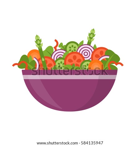 Bowl of fresh vegetable salad, healthy food. Flat style. Vector illustration isolated on white background.