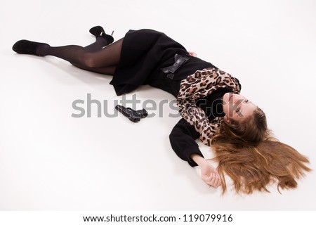 Crime Scene Imitation. Spy Girl With Gun Lying On The Floor Stock Photo ...