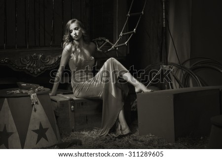 Circus actress. Circus backstage. Black and white image