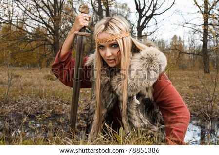 Viking Girl Warrior With Sword In A Fight Stock Photo 78851386 ...