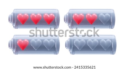 Battery charge indicator with hearts glass 3d vector illustration. Love charge level. Discharged and fully charged battery. Heart progress bar. Valentine's day.