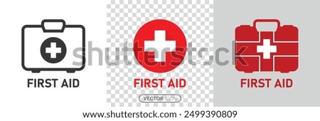  First AID kit with Red cross icon symbol. Medical briefcase icon. First aid medical sign flat icon  in linear style on white and transparent background. vector illustration